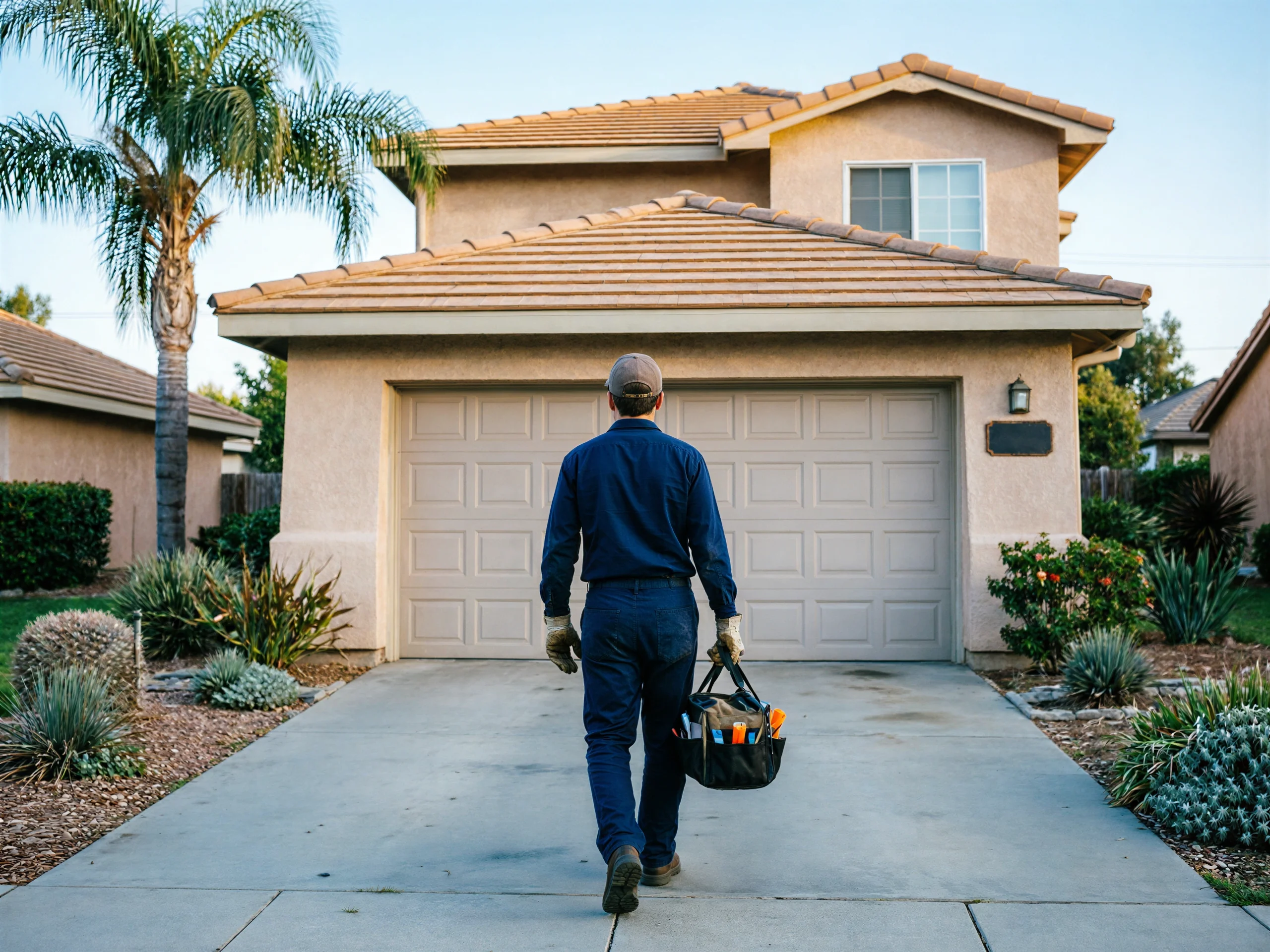 A technician walks toward a beige house with a two-car garage and a palm tree.