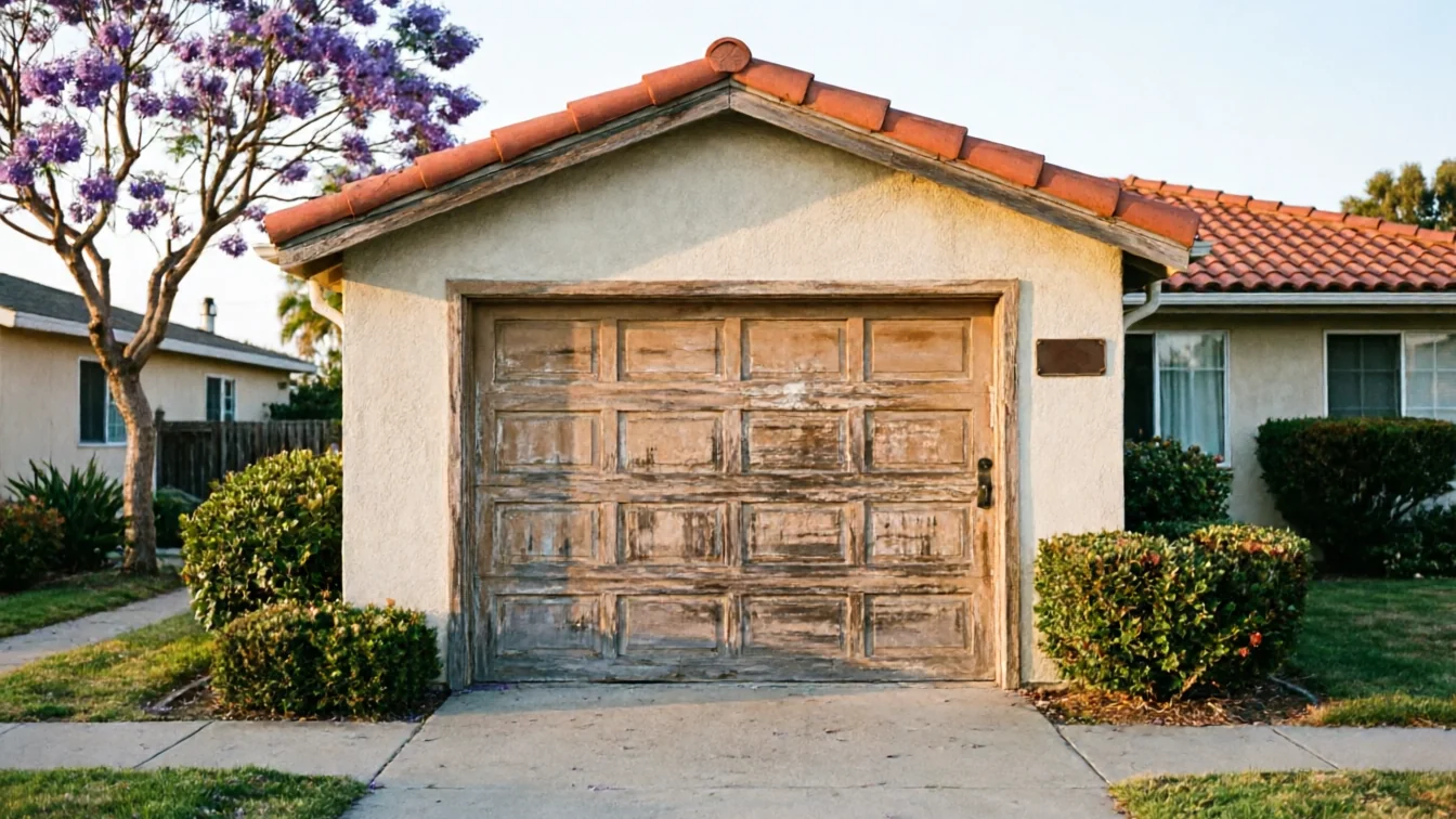 The garage door is old and weathered, with peeling paint and a visible lock.
