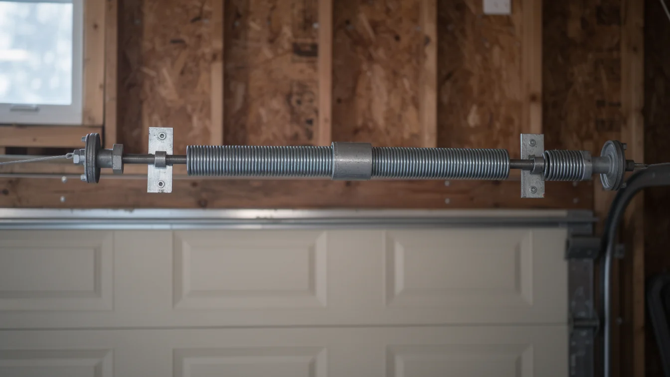 A garage door torsion spring is mounted above a white garage door.