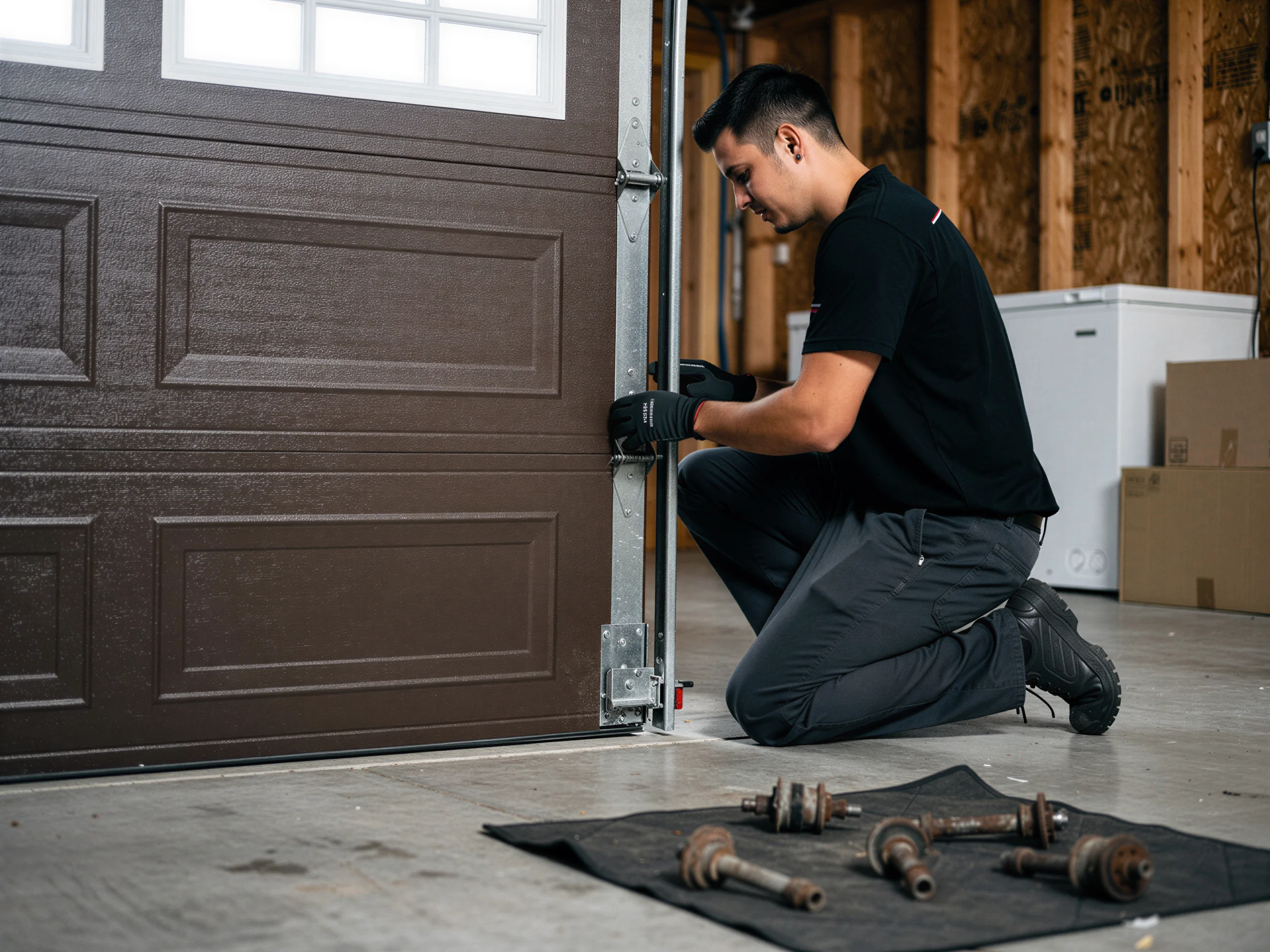 A technician kneels to work on a brown garage door with windows.