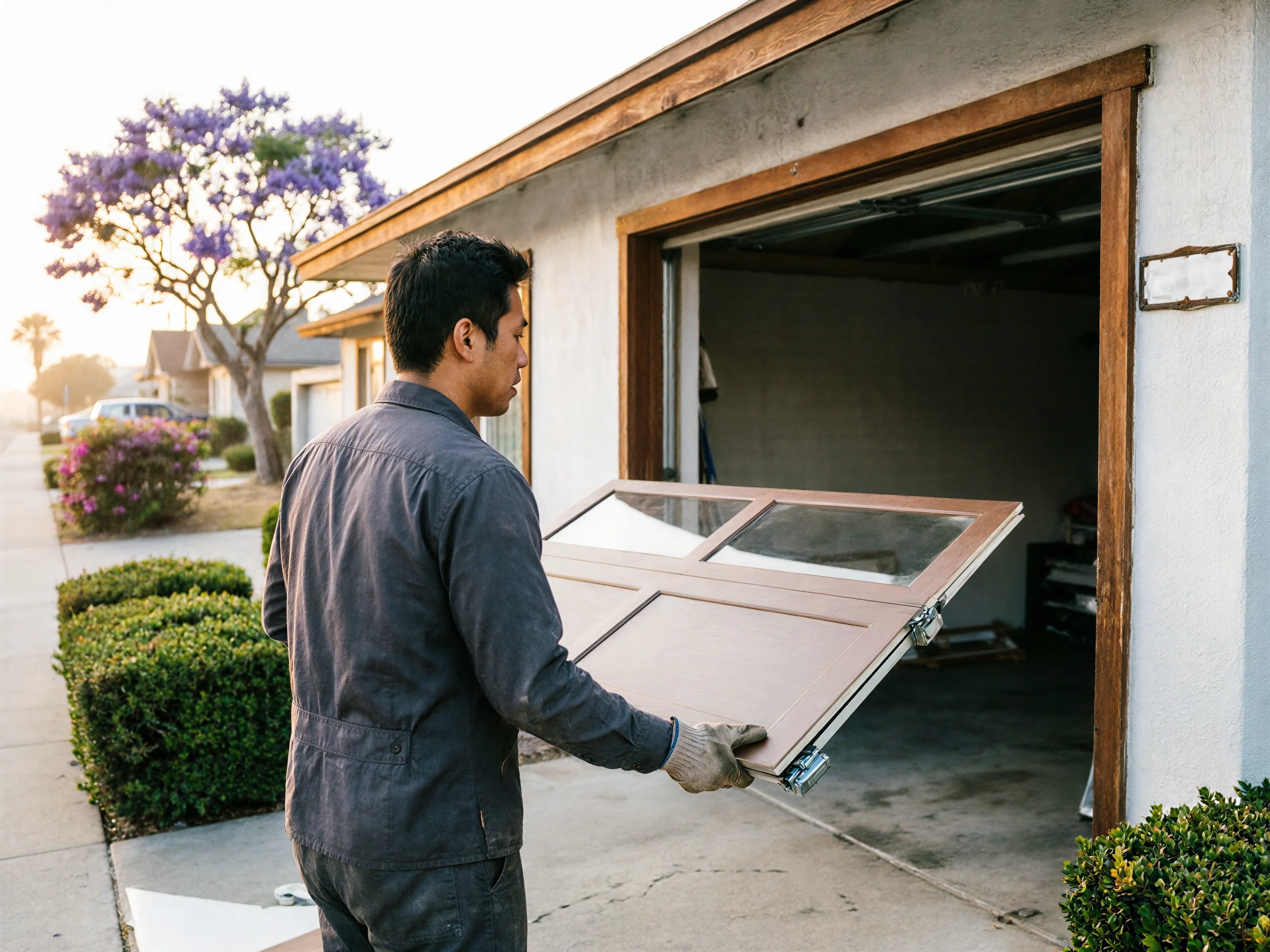 A technician carries a brown garage door panel with windows toward an open garage.