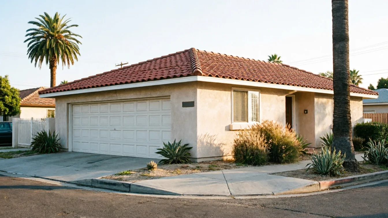 A house with a white garage door, a red tile roof, and palm trees.