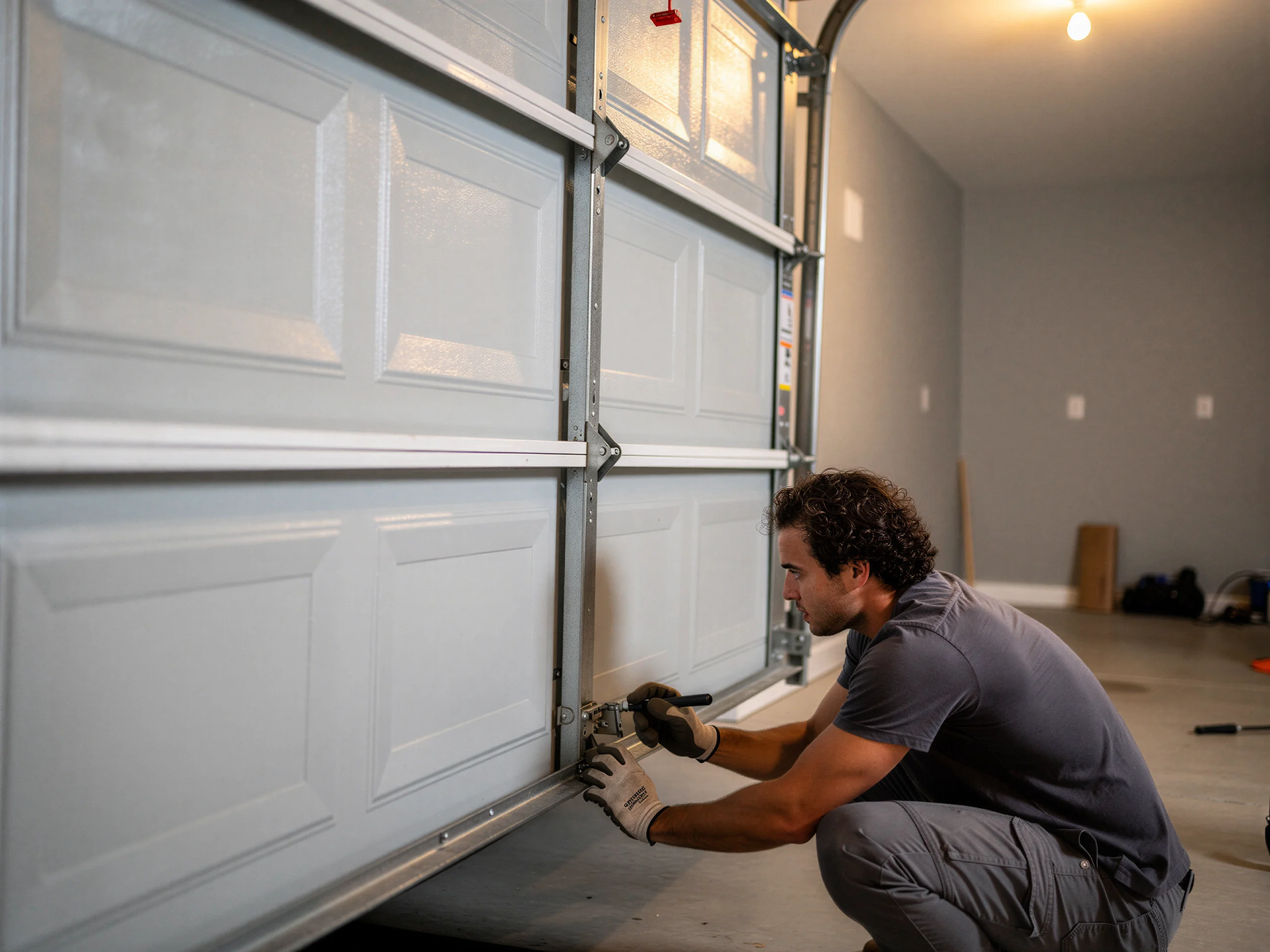 A technician in gloves crouches, working on the bottom panel of a white garage door.